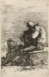 Two Soldiers, One Seated on a Ledge Holding a Cane